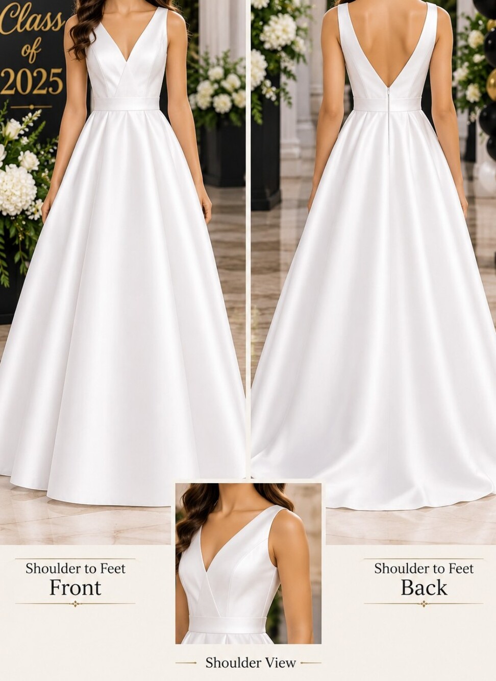 Elegant V-Neck White Satin A-Line Dress